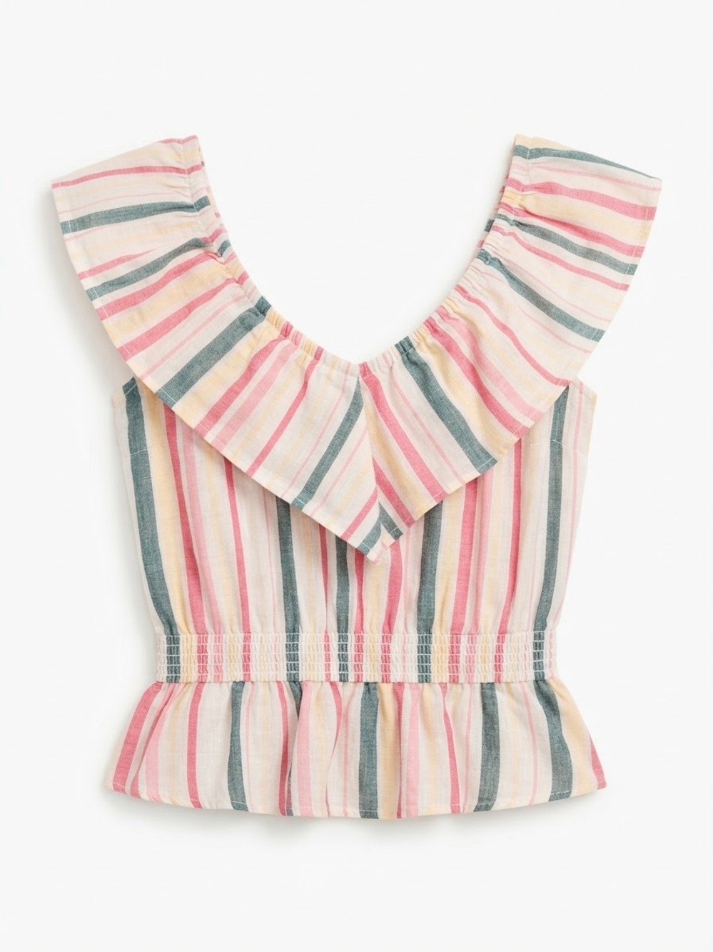 EXPRESS Boho Striped Ruffle Collar Smocked Waist Peplum Top Pink Yellow Green S